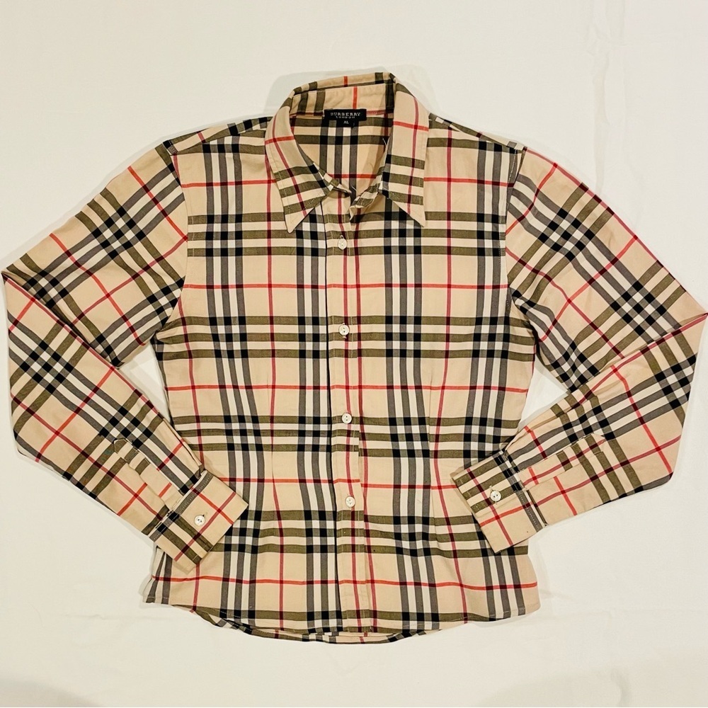 Burberry Vintage Check Shirt Girls XL Archive Beige Button Down Round Hem Fitted